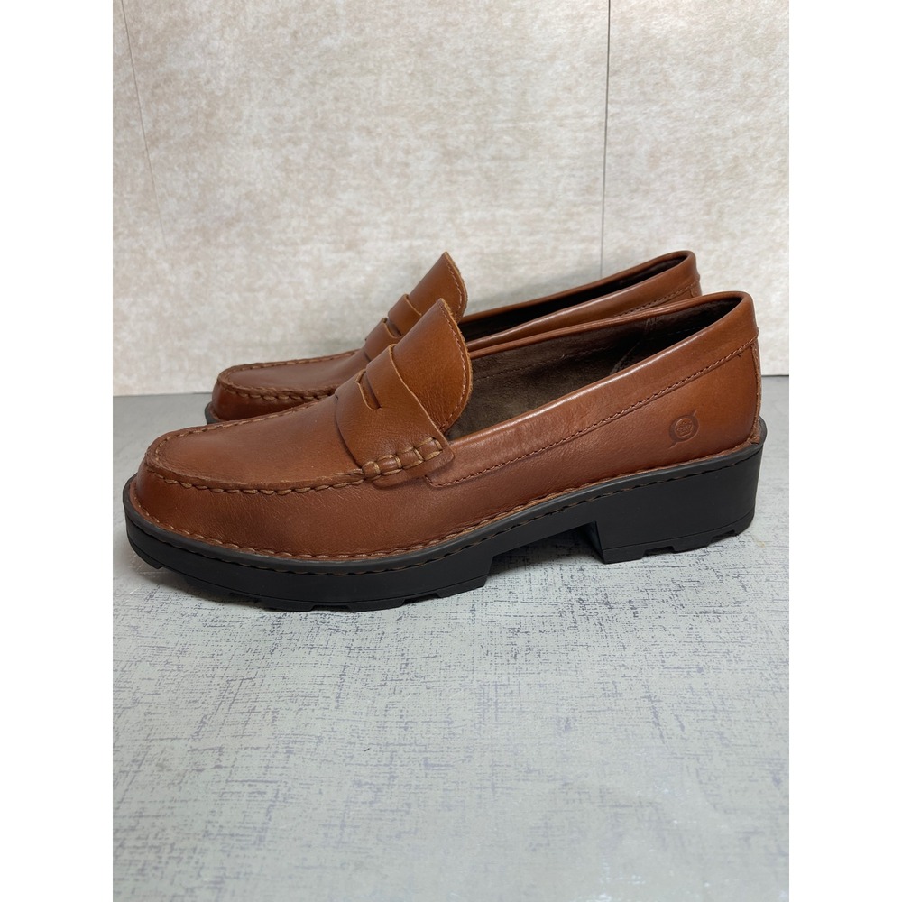 Born Carrera Brown Leather Penny Loafers Chunky Lug Sole Shoes Womens 10 M